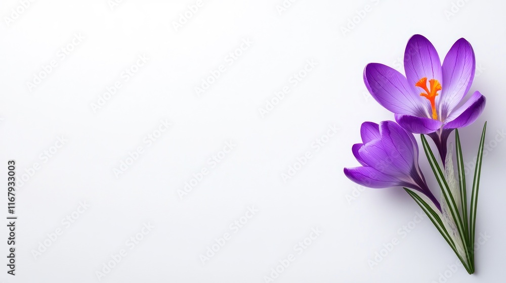 Naklejka premium Three purple crocus flowers on a white background.