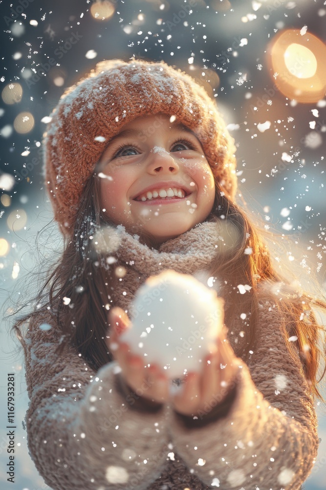 Fototapeta premium Joyful girl playing in the snow while holding a snowball during a winter evening in a snow-covered landscape