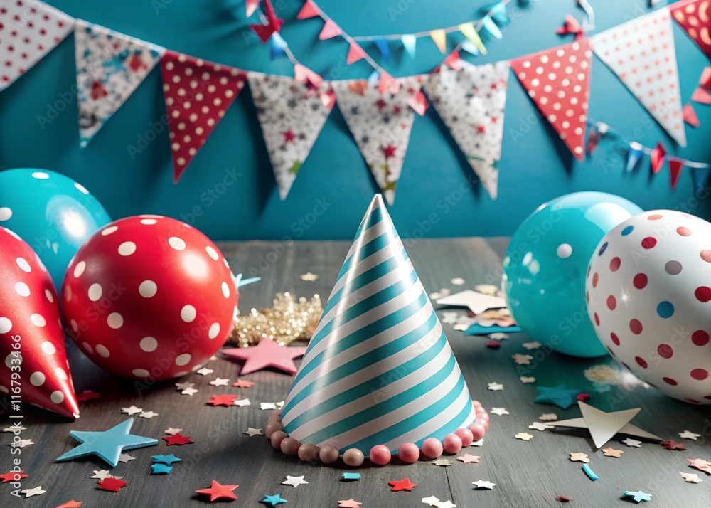Obraz premium Festive Birthday Celebration Background with Party Hat, Balloons, and Colorful Decorations.