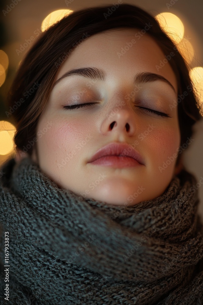 Calm woman enjoying serenity with closed eyes wrapped in a cozy scarf amidst soft bokeh lights Calm woman enjoying serenity with closed eyes wrapped in a cozy scarf amidst soft bokeh lights
