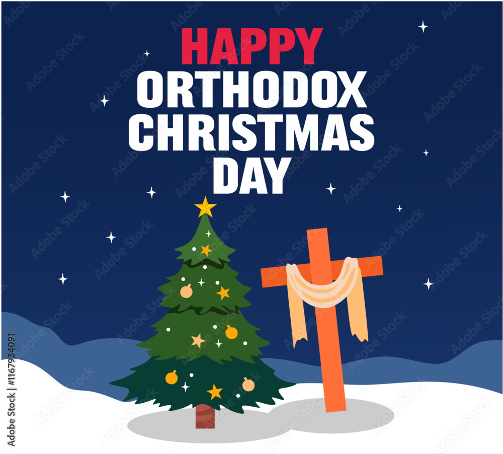 Happy Orthodox Christmas Day with Christmas tree and beautiful sky Happy Orthodox Christmas Day with Christmas tree and beautiful sky