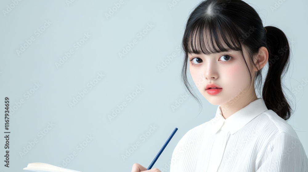 A young woman holding a pen and notebook, looking thoughtfully.