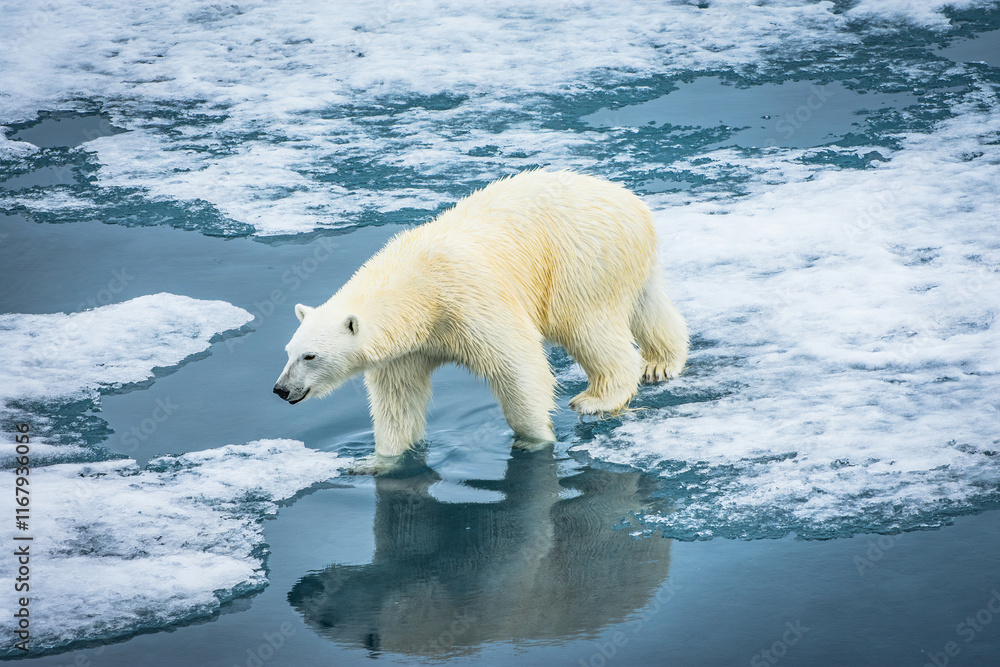 Polar Bear walking across ice floes with reflection Polar Bear walking across ice floes with reflection