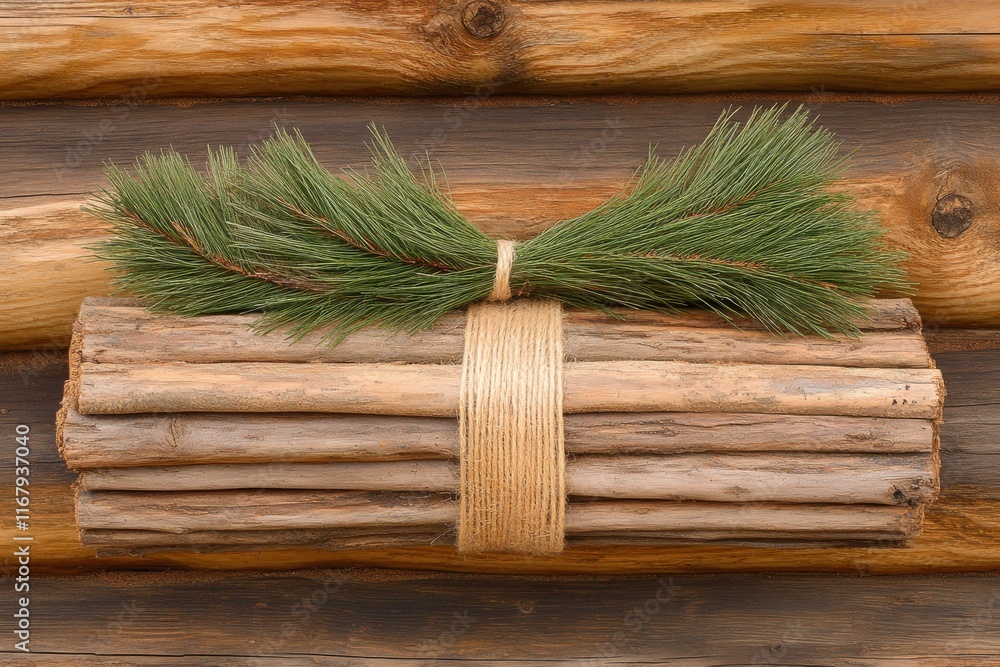 Obraz premium Natural Wooden Bundle Tied with Rope and Pine Sprig Decoration