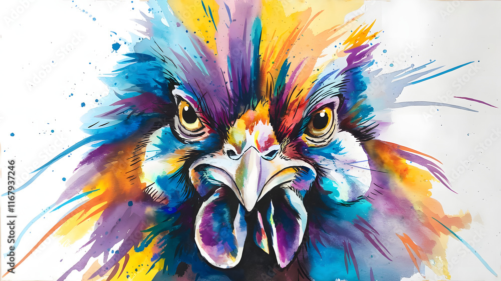 Obraz premium A watercolor painting of a chicken's face with vibrant and colorful fur.