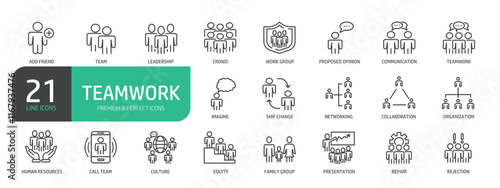 Teamwork line icon set. Collection of seminar, meeting, presentation, work group, Human Resources and more