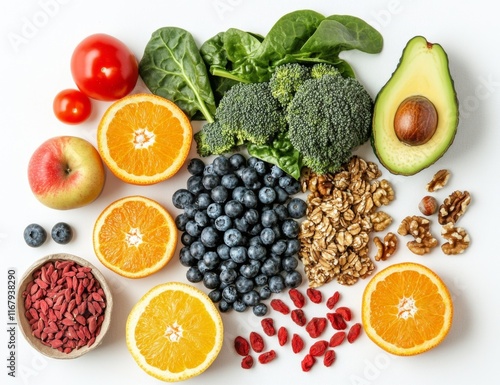 Flat lay of healthy fruits, vegetables, nuts, and berries on white background. photo