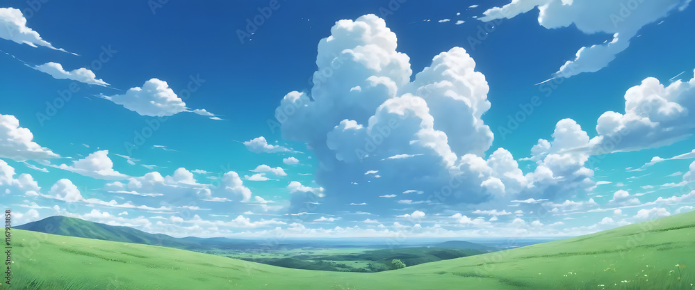 anime style grassland landscape background with cloudy sky, generative ai anime style grassland landscape background with cloudy sky, generative ai