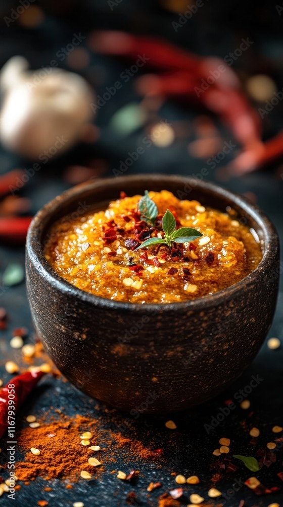 Closeup of a rustic ceramic bowl filled with a vibrant spice blend of chili peppers paprika and other aromatic seasonings against a textured background