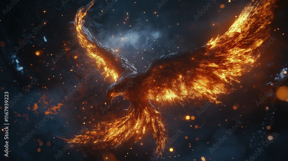 Generative AI of Majestic Phoenix with Spread Wings Illuminated Concept for Legendary Strength and Victory, Mystical Fire Mastery, and Sacred Resurrection