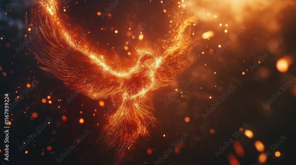 Generative AI of Radiant Phoenix Rising in Golden Light Concept for Divine Spiritual Awakening, Sacred Flame Renewal, and Eternal Rebirth