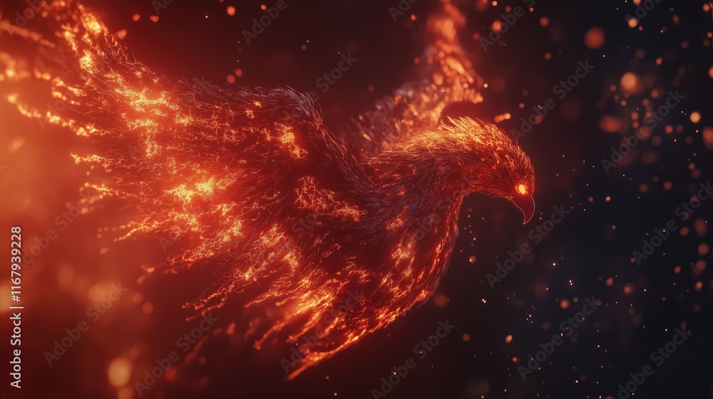 Generative AI of Fierce Phoenix Emerging Through Flames Concept for Mythical Transformation and Power, Ancient Wisdom Awakening, and Eternal Fire Force