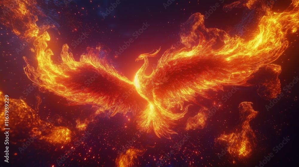 Generative AI of Magnificent Phoenix Spreading Fiery Wings Concept for Mythical Power and Glory, Eternal Flame Mastery, and Ancient Wisdom