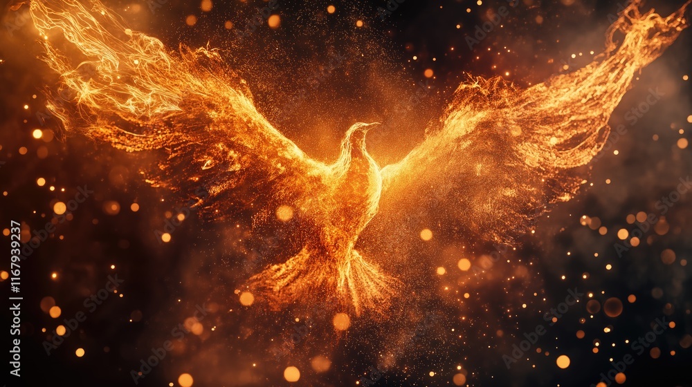Generative AI of Ethereal Phoenix Ascending in Golden Particles Concept for Spiritual Liberation and Growth, Sacred Light Evolution, and Divine Transformation