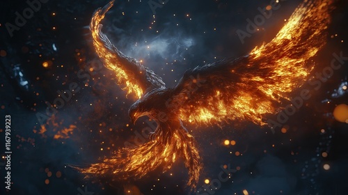 Obraz na płótnie Generative AI of Majestic Phoenix with Spread Wings Illuminated Concept for Legendary Strength and Victory, Mystical Fire Mastery, and Sacred Resurrection w salonie