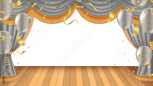 Abstract vector rendering theater stage curtain and Wooden theater stage.spotlights and Movie night or showtime.Isolated on transparent