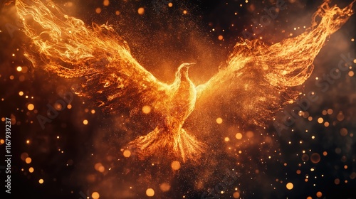 Obraz na płótnie Generative AI of Ethereal Phoenix Ascending in Golden Particles Concept for Spiritual Liberation and Growth, Sacred Light Evolution, and Divine Transformation w salonie