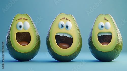 Three animated avocado halves with expressive faces, showcasing emotions. photo