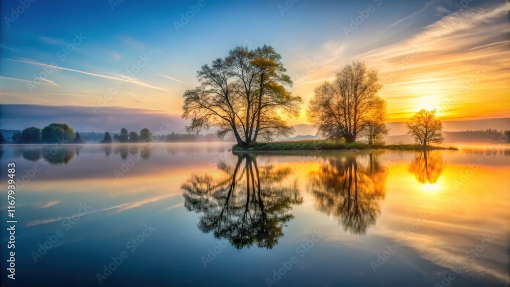 Fototapeta premium Tranquil sunrise over serene lake with tree reflections in still water, Sunrise, Tranquil, Lake, Serene, Reflections
