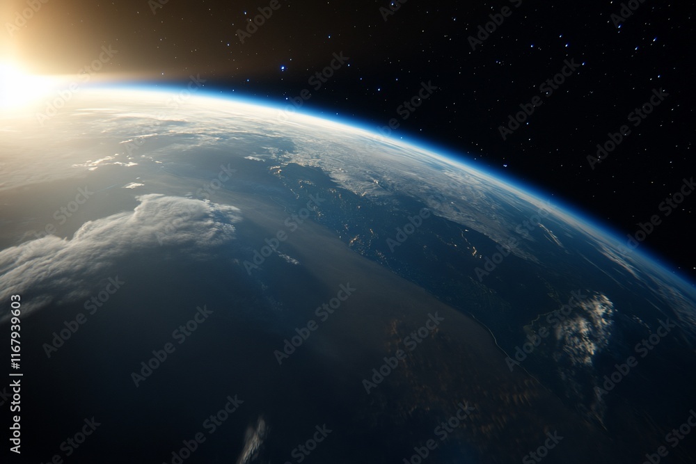 Fototapeta premium View of Earth from space, showcasing atmosphere and sunlight.