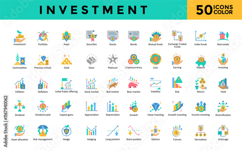 Investment icon set with portfolio, asset, securities, stocks, bonds, mutual funds, exchange traded funds, index funds, real estate, commodities icon. Simple flat color vector 
