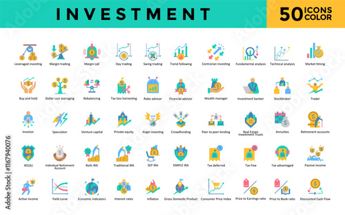 Investment icon set with stockbroker, trader, investor, speculator, venture capital, private equity, angel investing, crowdfunding, peer to peer lending icon. Simple flat color vector 
