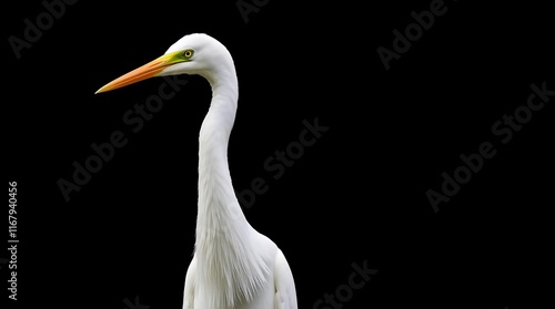 White egret with long neck and orange beak isolated on black background