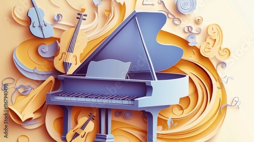 71.A beautifully crafted paper cut vector illustration of a classical music concert, with a grand piano at the center of the composition. Surrounding the piano are other classical instruments like photo