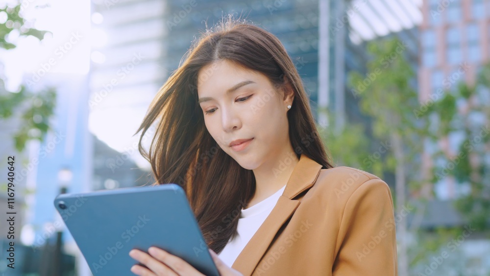 Happy Asian Businesswoman Planning in an Outdoor Workspace. Hybrid Work in Urban Greenery, Smiling Business woman Using Tablet. Joyful Manager Writing Emails in a Park., Remote Work Lifestyle Happy Asian Businesswoman Planning in an Outdoor Workspace. Hybrid Work in Urban Greenery, Smiling Business woman Using Tablet. Joyful Manager Writing Emails in a Park., Remote Work Lifestyle