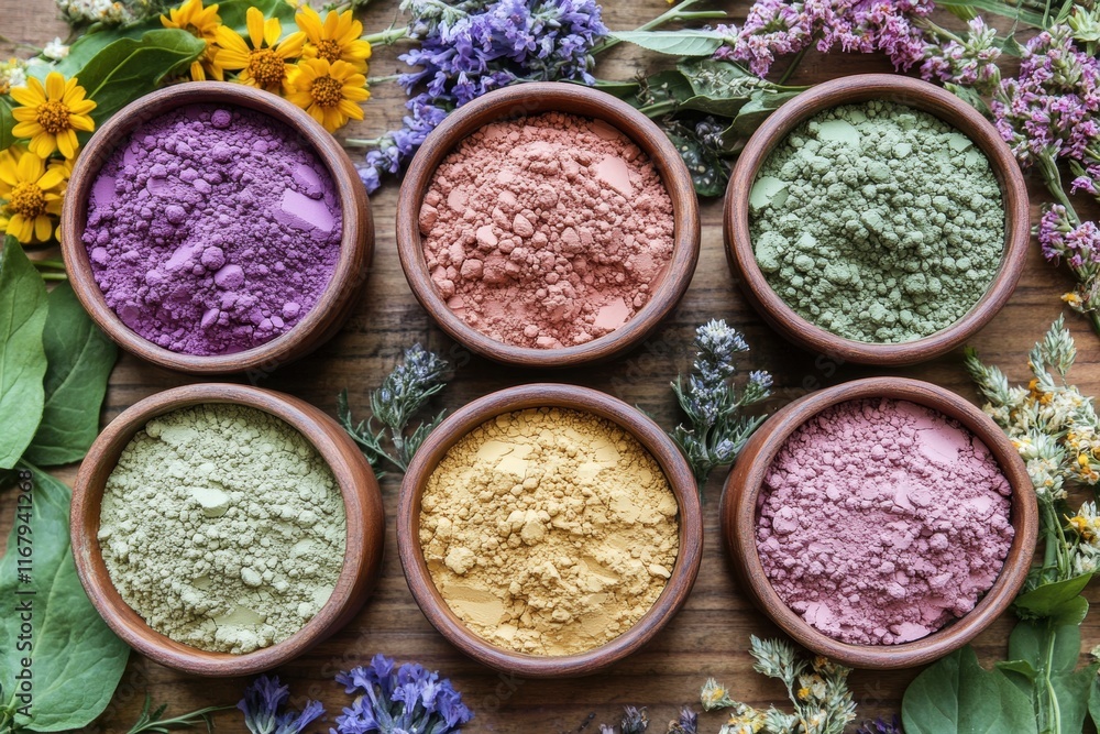Colorful Natural Powders in Bowls Surrounded by Fresh Flowers and Herbs Colorful Natural Powders in Bowls Surrounded by Fresh Flowers and Herbs