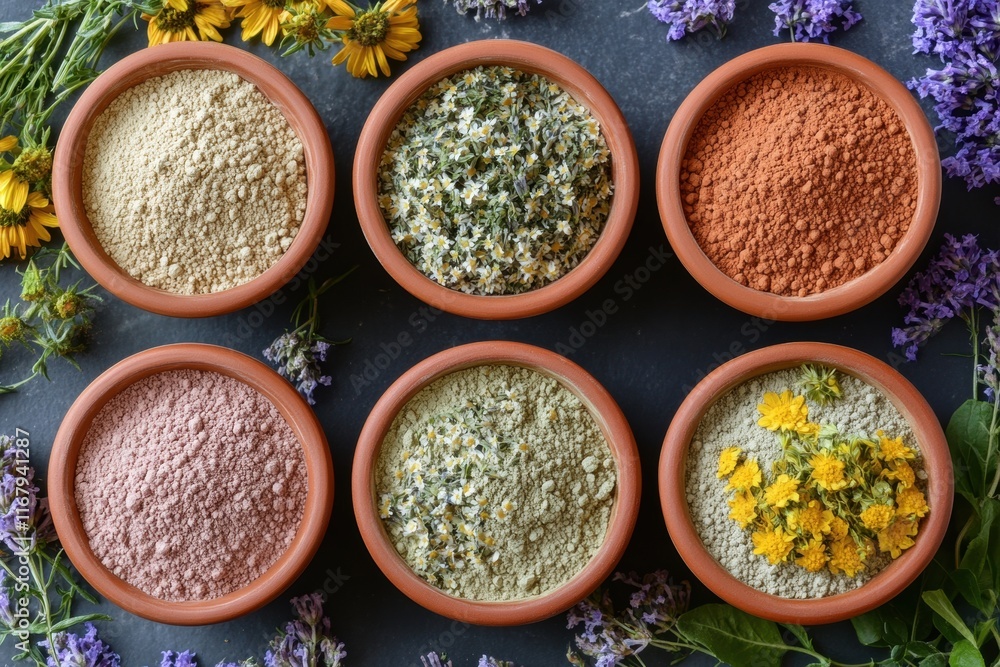 Colorful Variety of Spices and Herbs in Clay Bowls on Dark Surface Colorful Variety of Spices and Herbs in Clay Bowls on Dark Surface