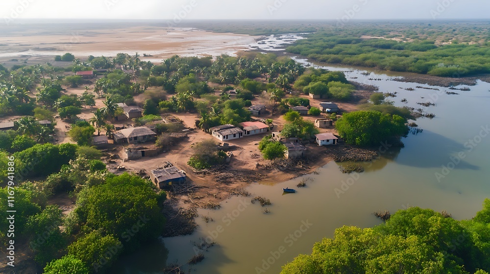 Fototapeta premium Aerial View of a Village Partially Submerged by Floodwaters
