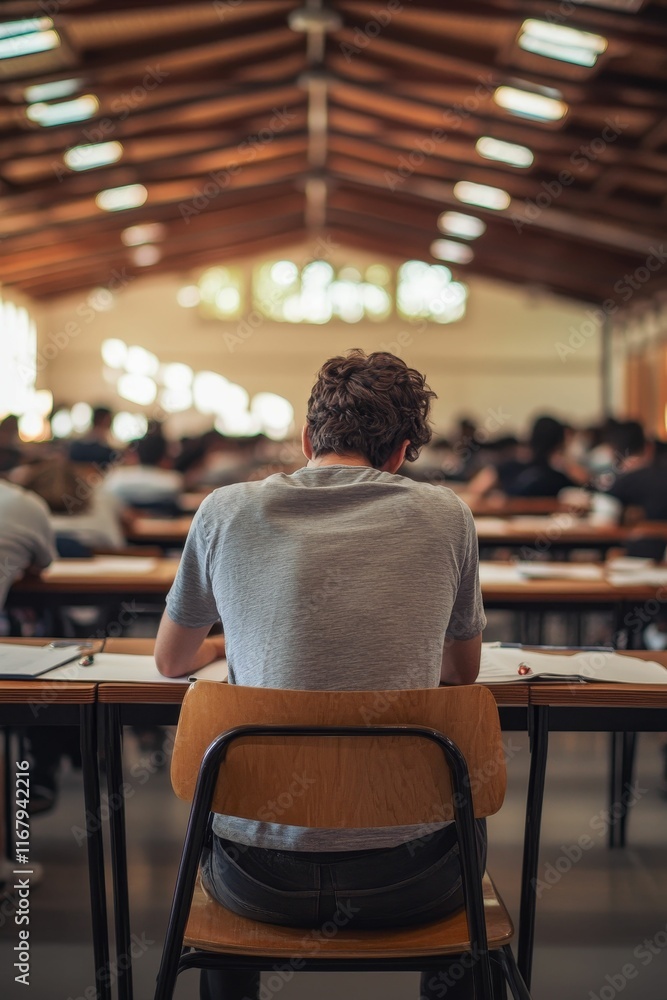 Person seated at desk, taking exam, classroom. Person seated at desk, taking exam, classroom.