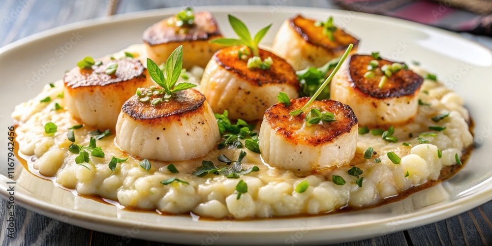 Scallop luxury meal on a bed of risotto with a drizzle of truffle oil , gourmet, seafood, indulgent, elegant Scallop luxury meal on a bed of risotto with a drizzle of truffle oil , gourmet, seafood, indulgent, elegant