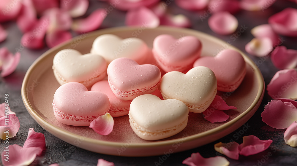 A small plate of heart-shaped macarons in pink and white, surrounded by scattered petals. A small plate of heart-shaped macarons in pink and white, surrounded by scattered petals.