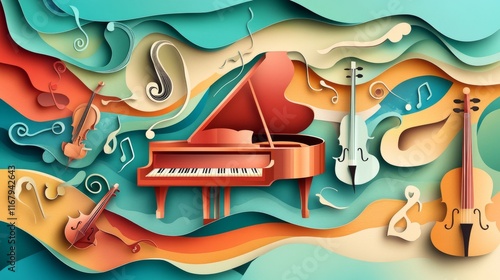 64.A vector illustration featuring a paper cut design of a classical music concert, with a grand piano as the central focus, surrounded by other musical instruments like a violin, flute, and trumpet. photo