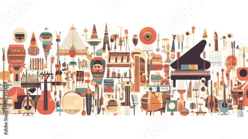 21.A vector illustration of a long, horizontal banner featuring a variety of musical instruments from an orchestra, including drums, maracas, triangles, bells, xylophones, tambourines, pianos, photo