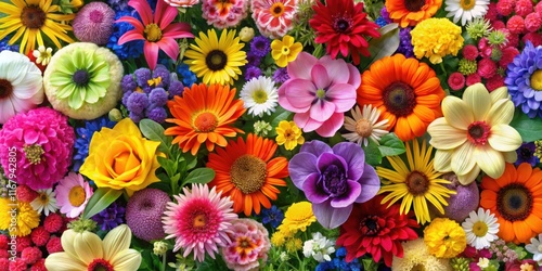Colorful garden variety pattern with a mix of different flowers in various colors, garden, variety, pattern, colorful