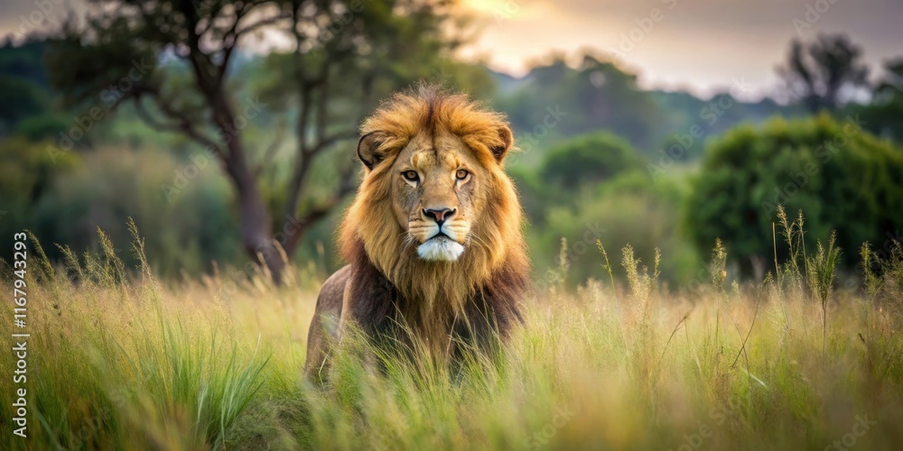 A powerful lion in the wild surrounded by tall grass and trees, lion, wild animal, predator, mane, majestic A powerful lion in the wild surrounded by tall grass and trees, lion, wild animal, predator, mane, majestic
