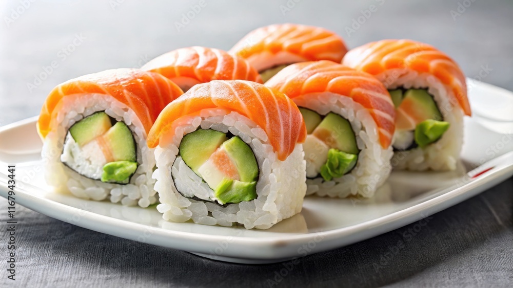 Sushi roll with fresh salmon and creamy avocado slices on white plate, sushi, roll, salmon, avocado, Japanese cuisine, seafood Sushi roll with fresh salmon and creamy avocado slices on white plate, sushi, roll, salmon, avocado, Japanese cuisine, seafood