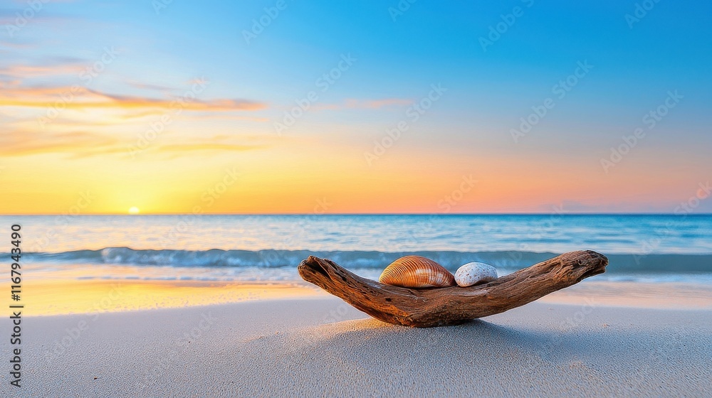 Fototapeta premium [Tranquility calmness restfulness ease] Tranquil Beach at Sunset with Conch Shell, Peaceful Ocean Scene