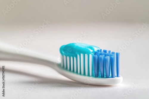 Close-up of a toothbrush with blue toothpaste, highlighting oral hygiene and daily dental care practices. photo