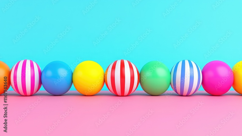 A colorful arrangement of striped and solid balls against a vibrant blue and pink background, creating a playful and cheerful atmosphere. A colorful arrangement of striped and solid balls against a vibrant blue and pink background, creating a playful and cheerful atmosphere.
