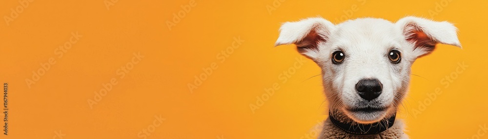 A cheerful dog with a joyful expression poses against a vibrant orange background, showcasing its playful personality. A cheerful dog with a joyful expression poses against a vibrant orange background, showcasing its playful personality.