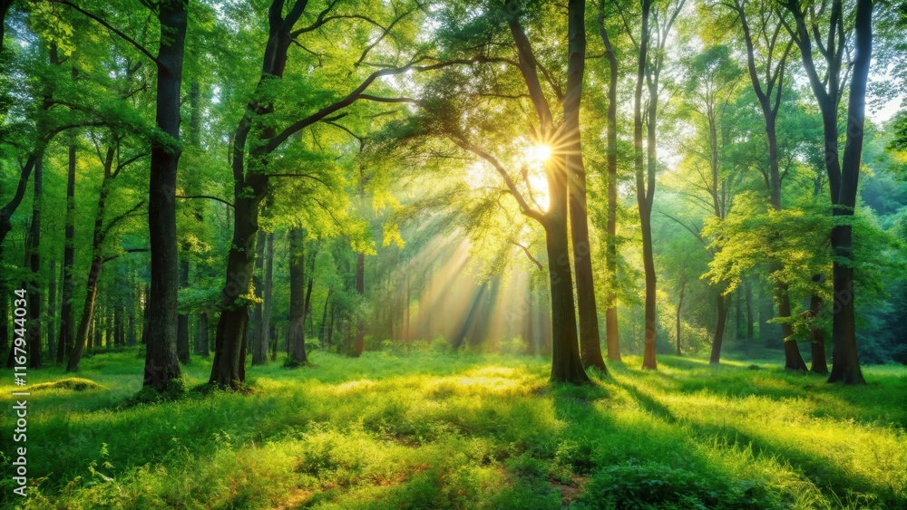 Naklejka premium Beautiful sunny morning in a green forest, sunny, morning, green, forest, trees, sunlight, nature, tranquil, peaceful