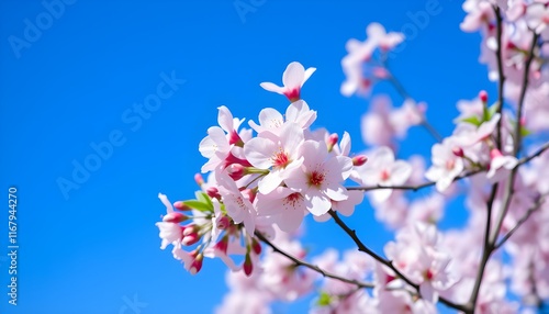 A serene scene of cherry blossoms in full bloom against a vibrant blue sky photo