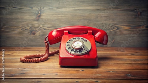 Vintage red rotary phone on a wooden desk, retro, communication, technology, retro, antique, old, classic