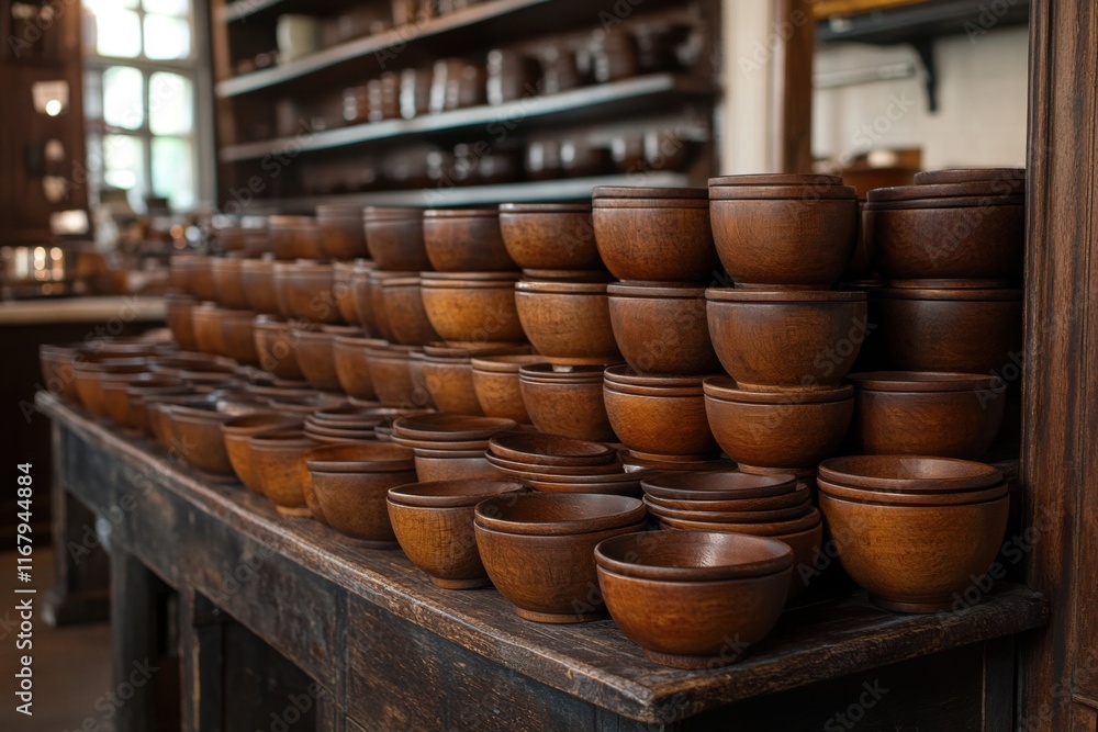 Stacked Wooden Bowls on Rustic Table in Cozy Kitchen Setting Stacked Wooden Bowls on Rustic Table in Cozy Kitchen Setting