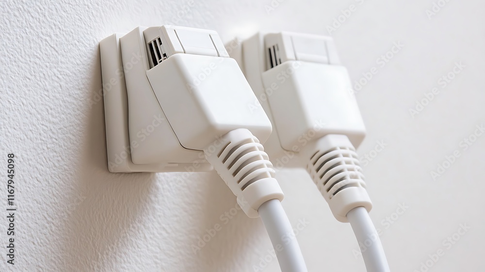 Close-up of Two White Plugs Connected to a Wall Outlet Close-up of Two White Plugs Connected to a Wall Outlet