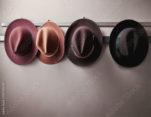 Row of Borwn Hats Hanging on Wall Hooks AI photo